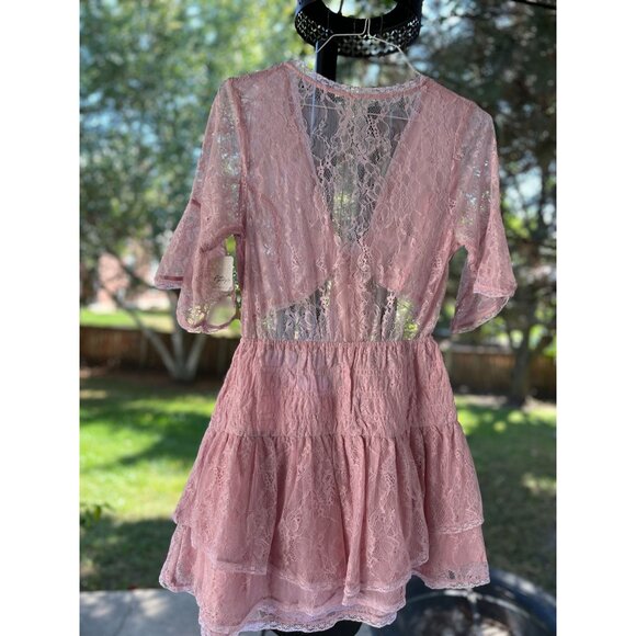 New FREE PEOPLE  Size L Lala Lace Mini Dress $128 Pink Sexy Boho Chic Festival - Picture 15 of 16